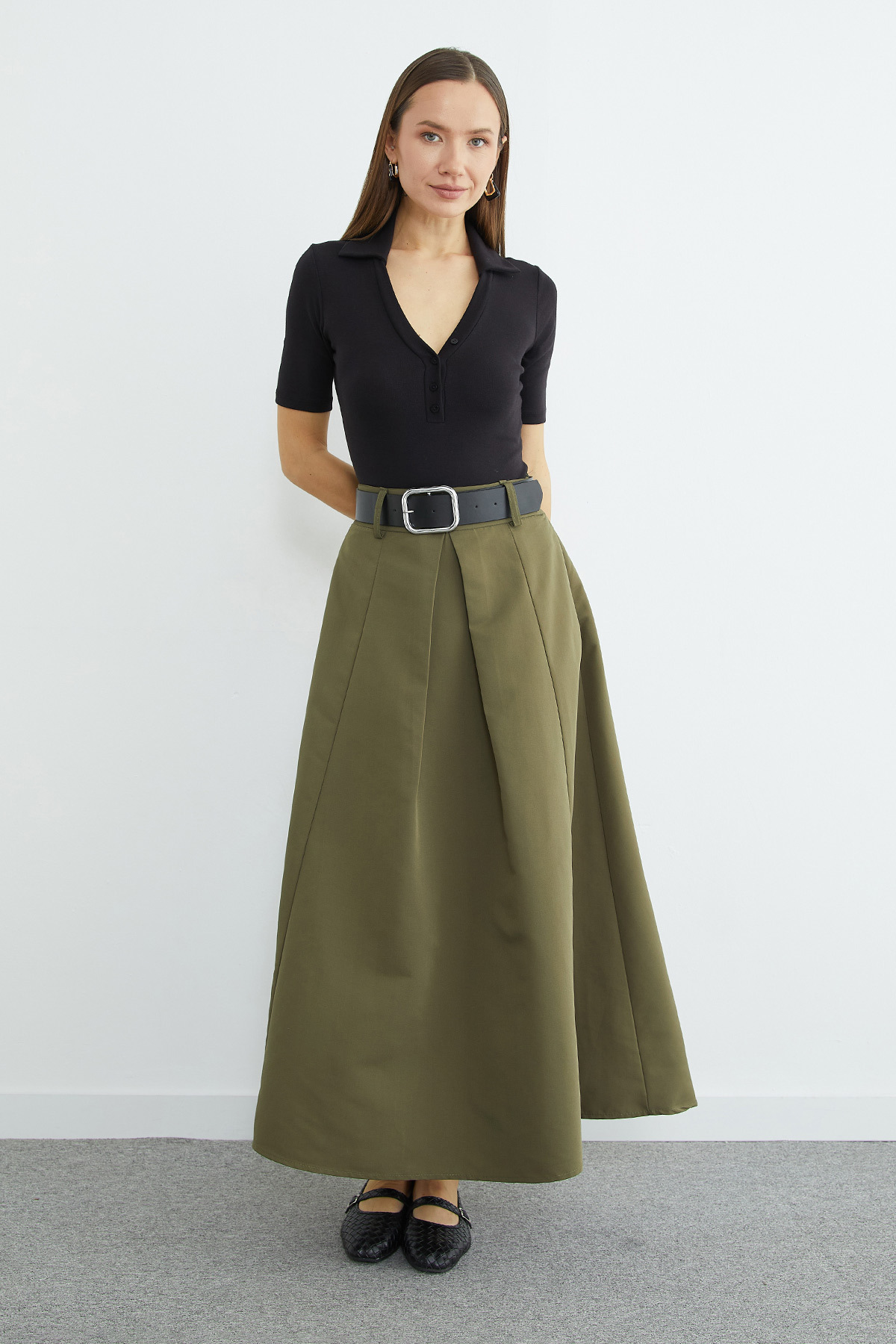 Fullamoda  Kemerli Pileli Maxi Boy Etek - Görsel 6