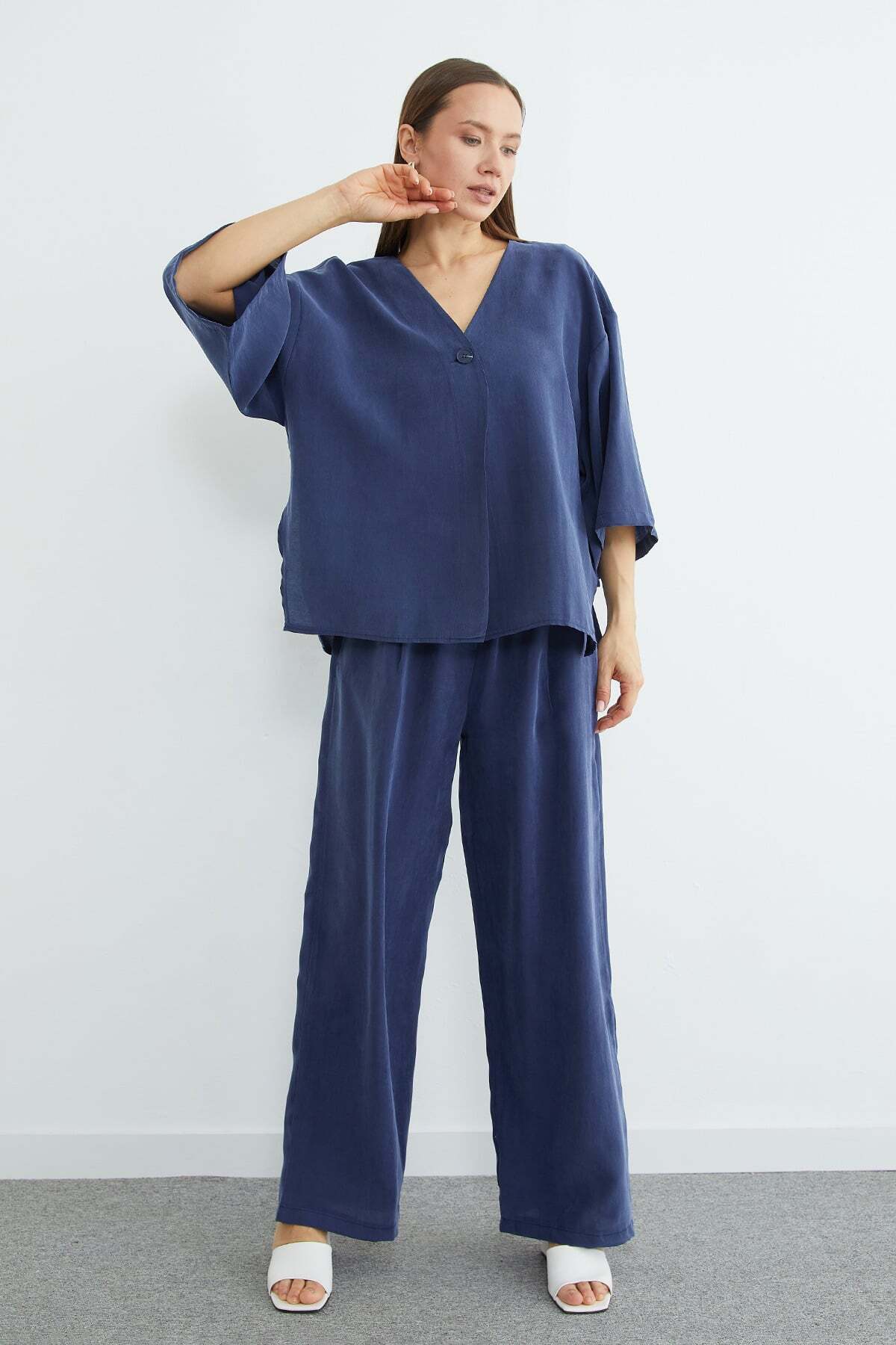 Fullamoda  Tek Düğmeli Tencel Kumaş Oversize Ceket - Görsel 4