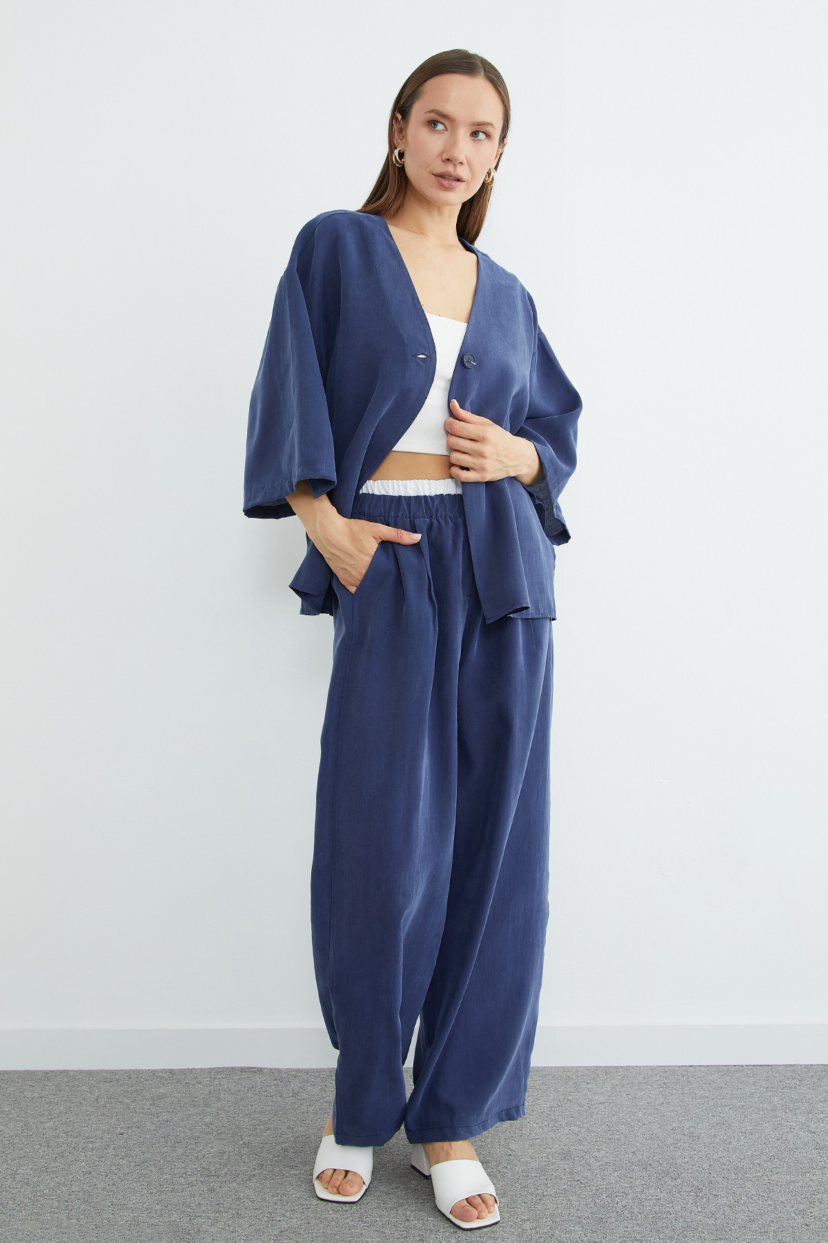 Fullamoda  Tek Düğmeli Tencel Kumaş Oversize Ceket - Görsel 6