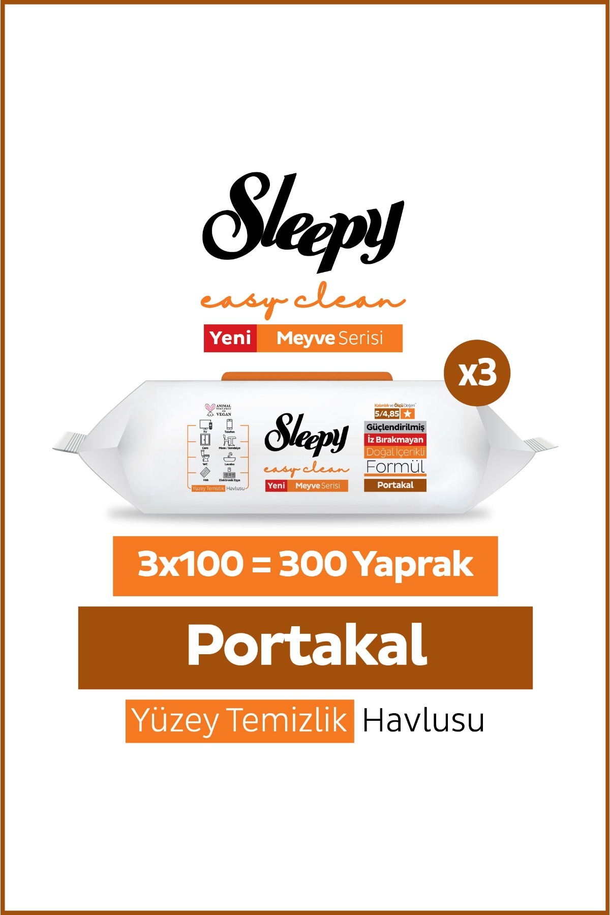 Sleepy Meyve Serisi Yüzey Temizlik Havlusu Mendili Portakal 3x100