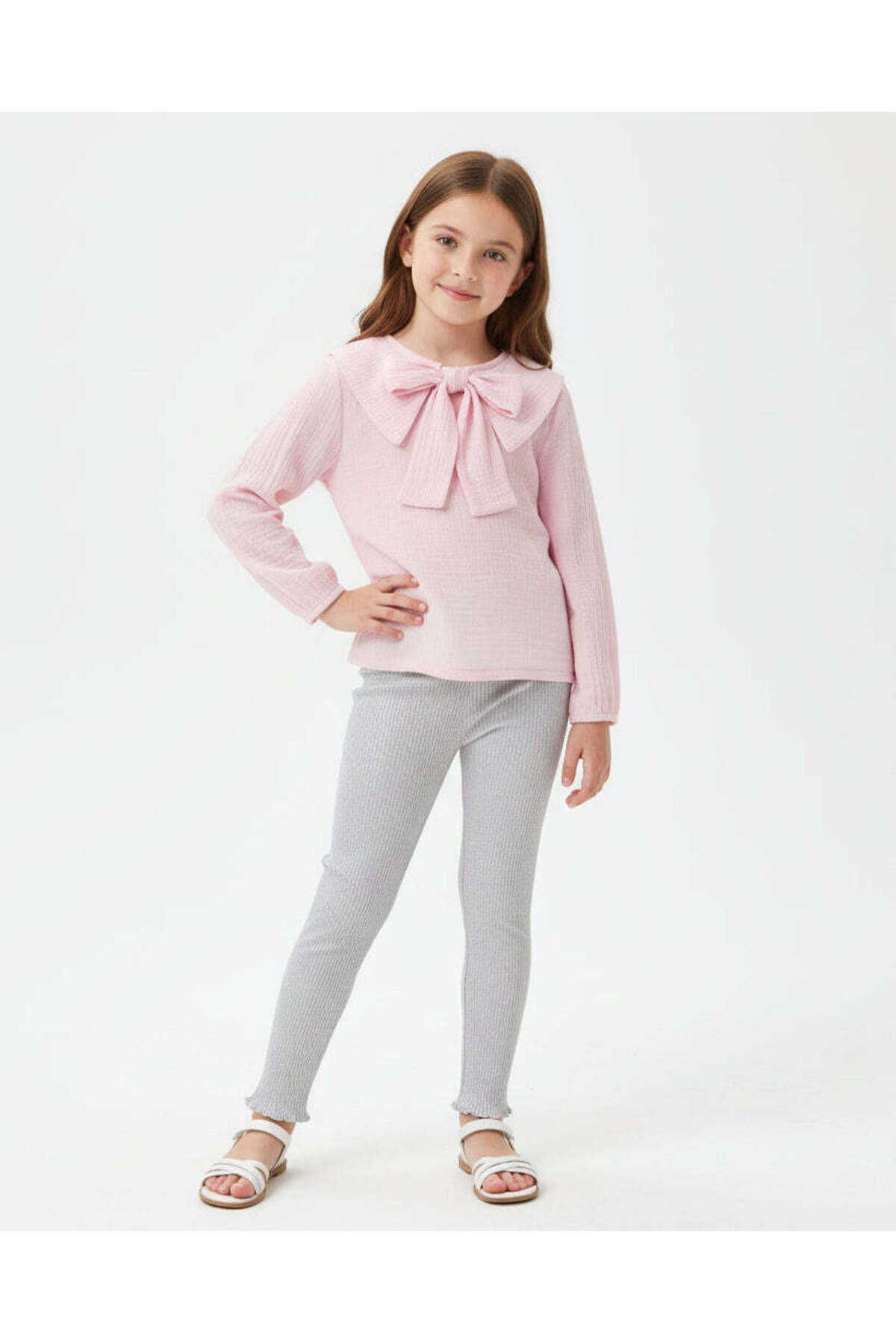 REDTAG Girls Pale Pink Bow Neck Top And Trouser Set
