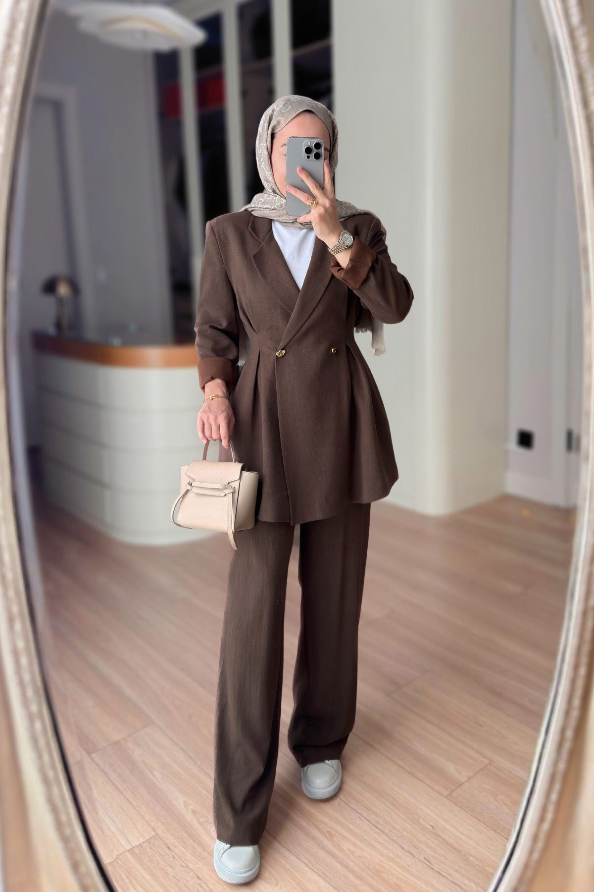 スーツ LOUNGE ACT 2B Tailored Jacket & Trousers Ka Hijab Double-Breasted Cut Jacket & Pants Set - Brown- Trendyol