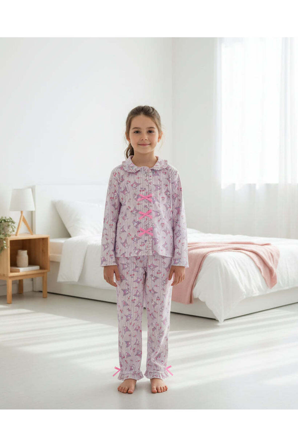REDTAG Girls Lilac Kuromi Printed Front Open Pyjama Set