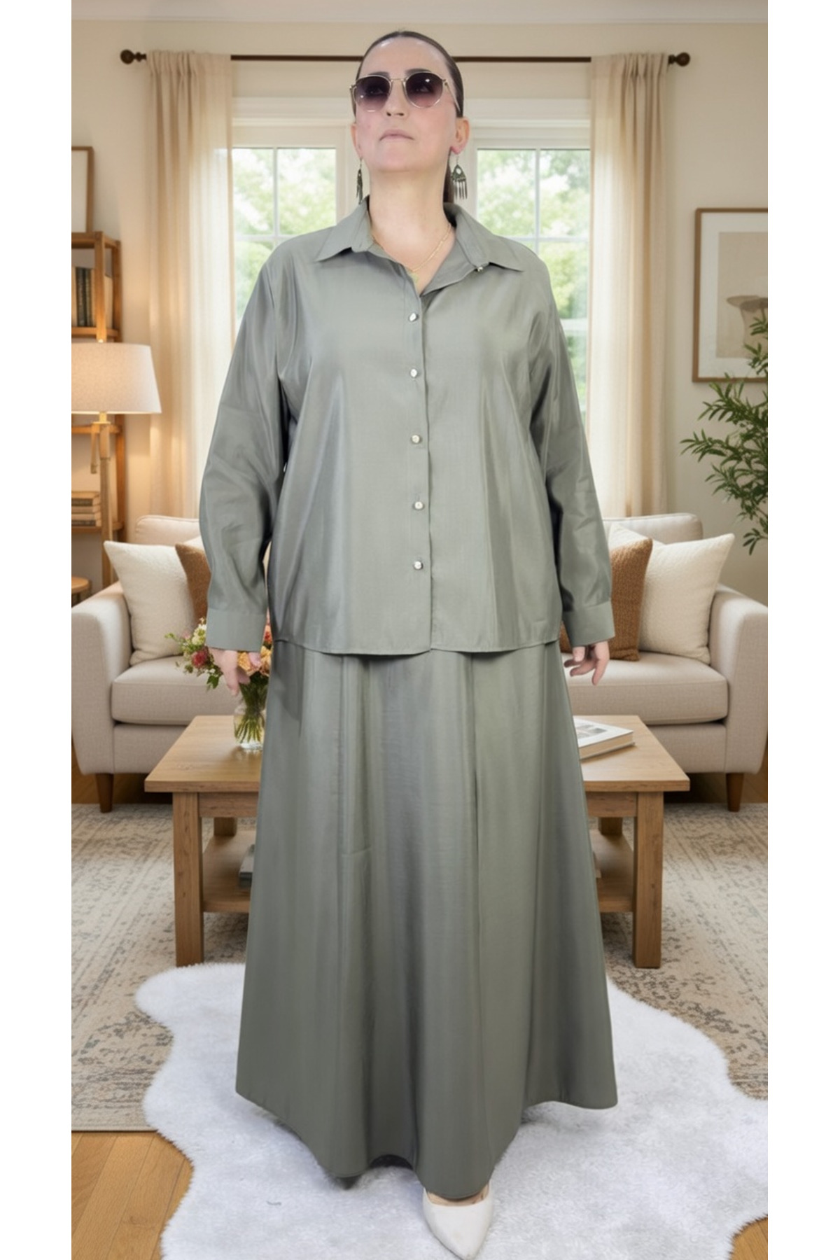 FRONT BUTTONED LONG SLEEVE SHIRT ELASTIC WAIST FLARED SKIRT MODAL FABRIC TWO PIECE SET WITH POCKETS