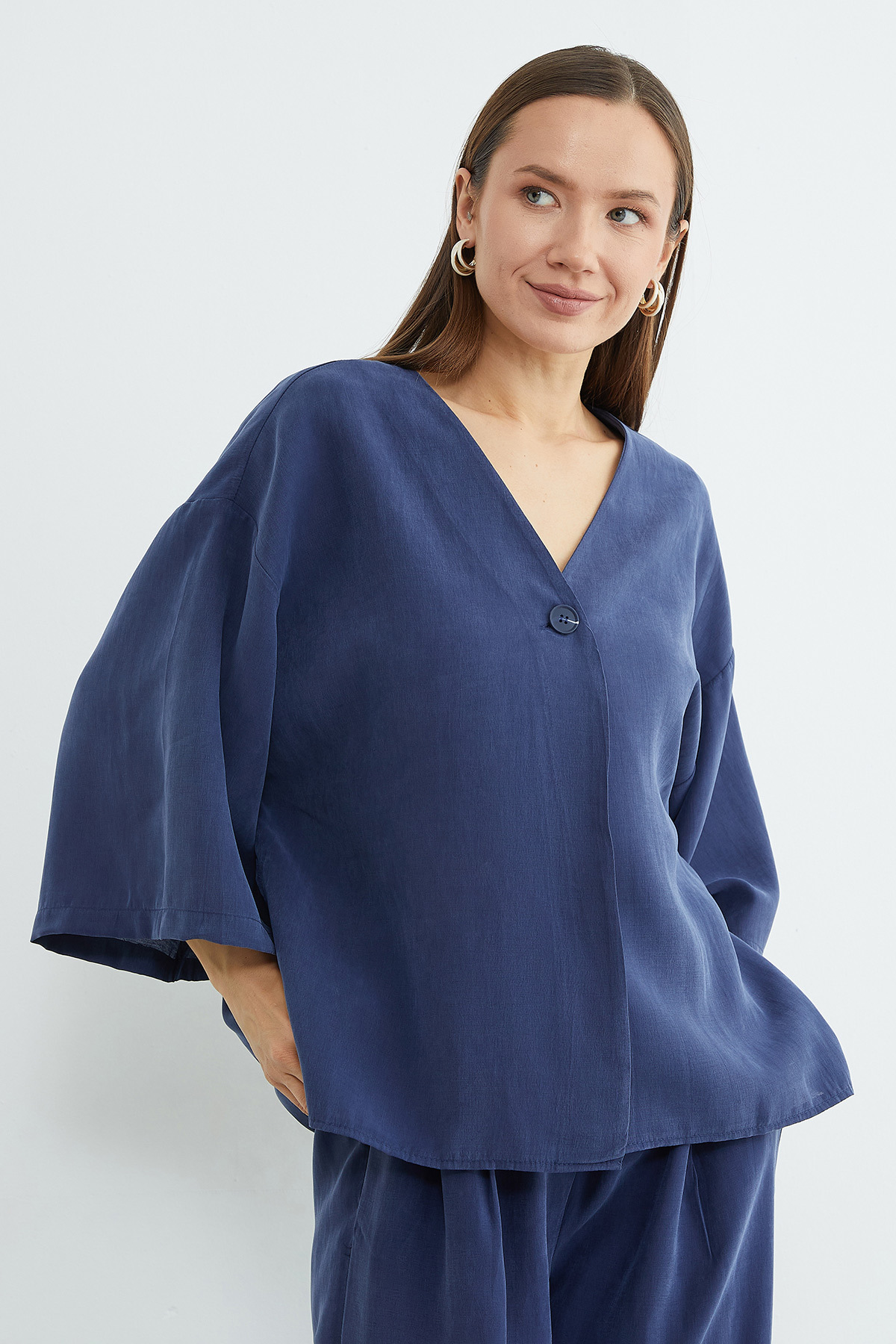 Fullamoda  Tek Düğmeli Tencel Kumaş Oversize Ceket - Görsel 3