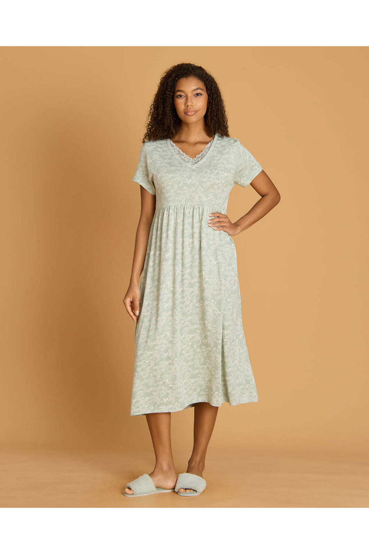 REDTAG Women Green Allover Print Mid Length Knit Nightgown