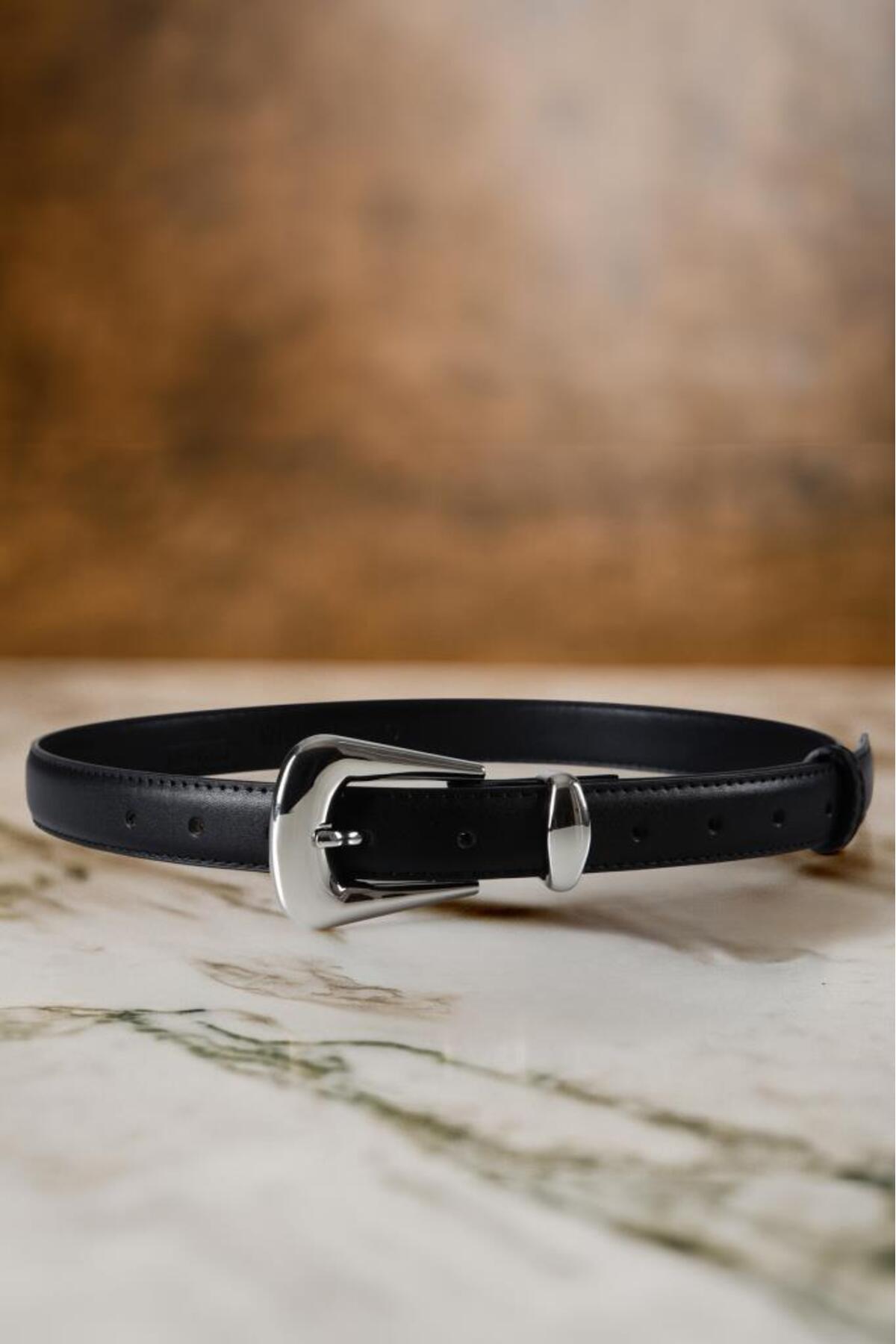 Full Grain Leather Silver Buckle Women's Black Belt