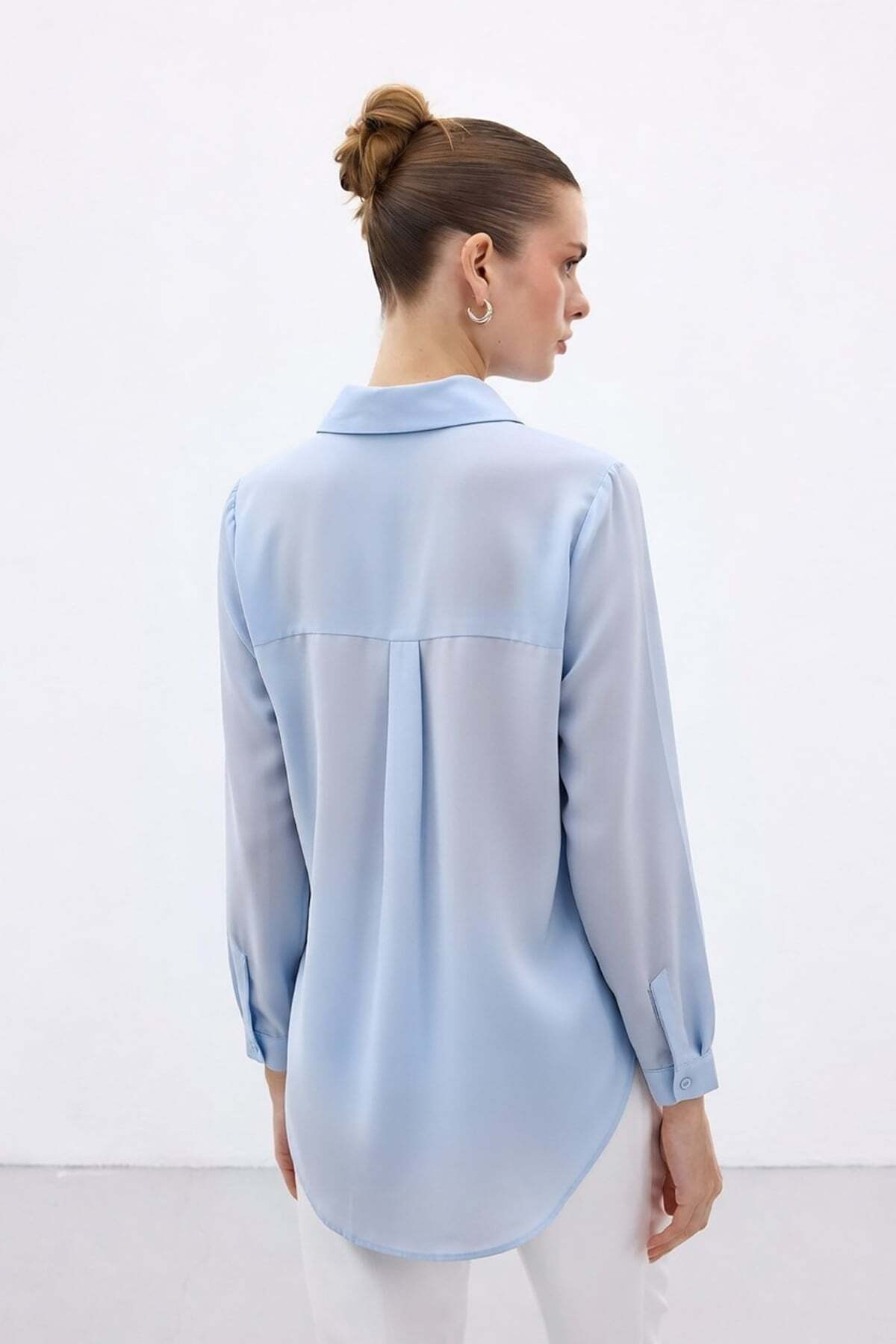 Sateen  Düz Klasik Gömlek - Mavi - Görsel 6