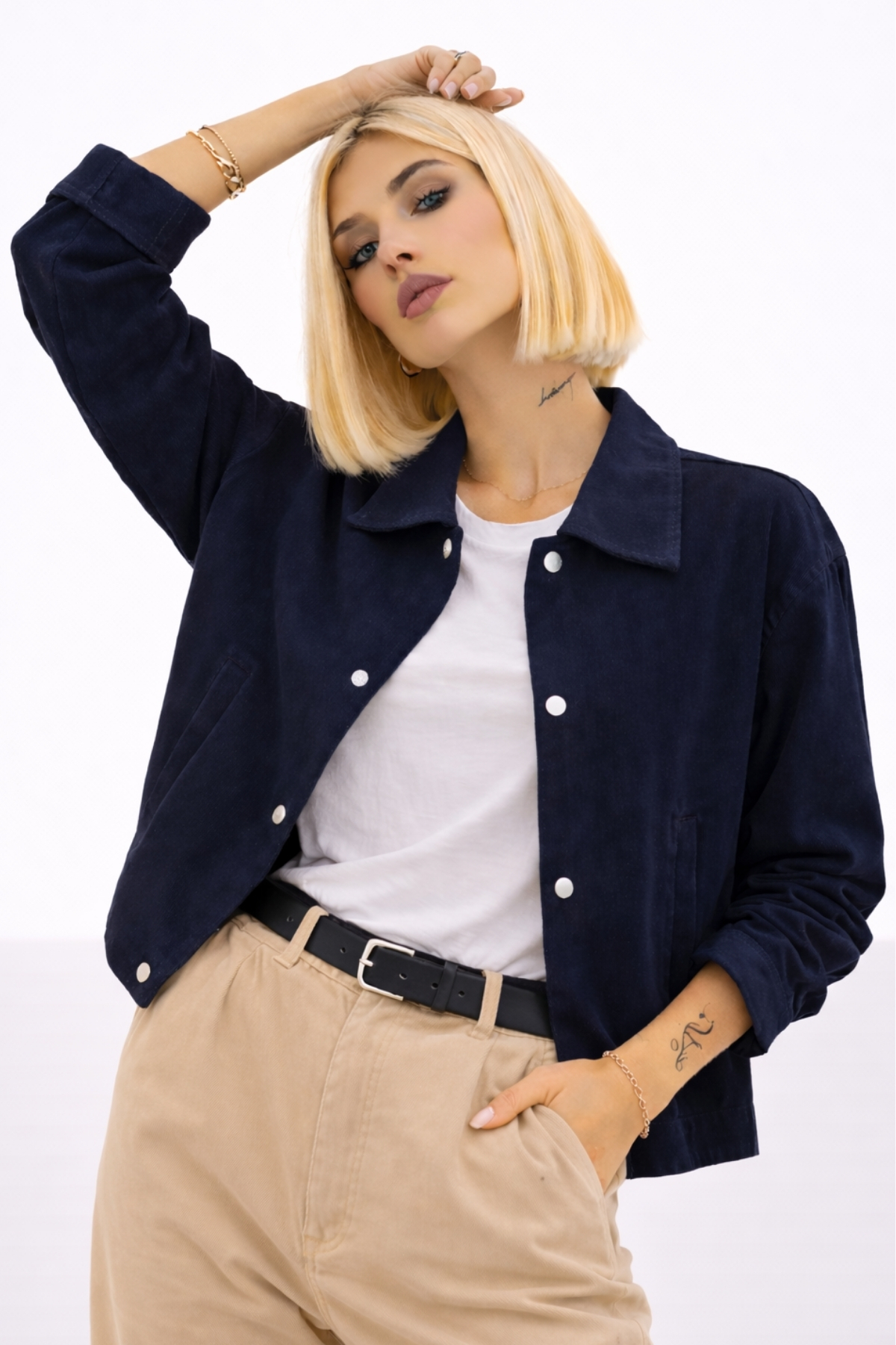 Montland  Kadın Lacivert Oversize Basic Gabardin Mevsimlik Çıt Detaylı İç Cepli Ceket