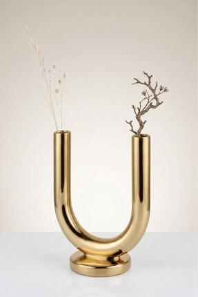 SETABIANCA Seramik Dekoratif Vazo 17 cm – U Form Modern Masa Üstü Dekoru