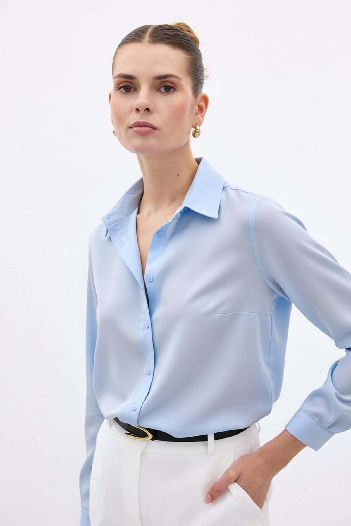 Sateen  Düz Klasik Gömlek - Mavi