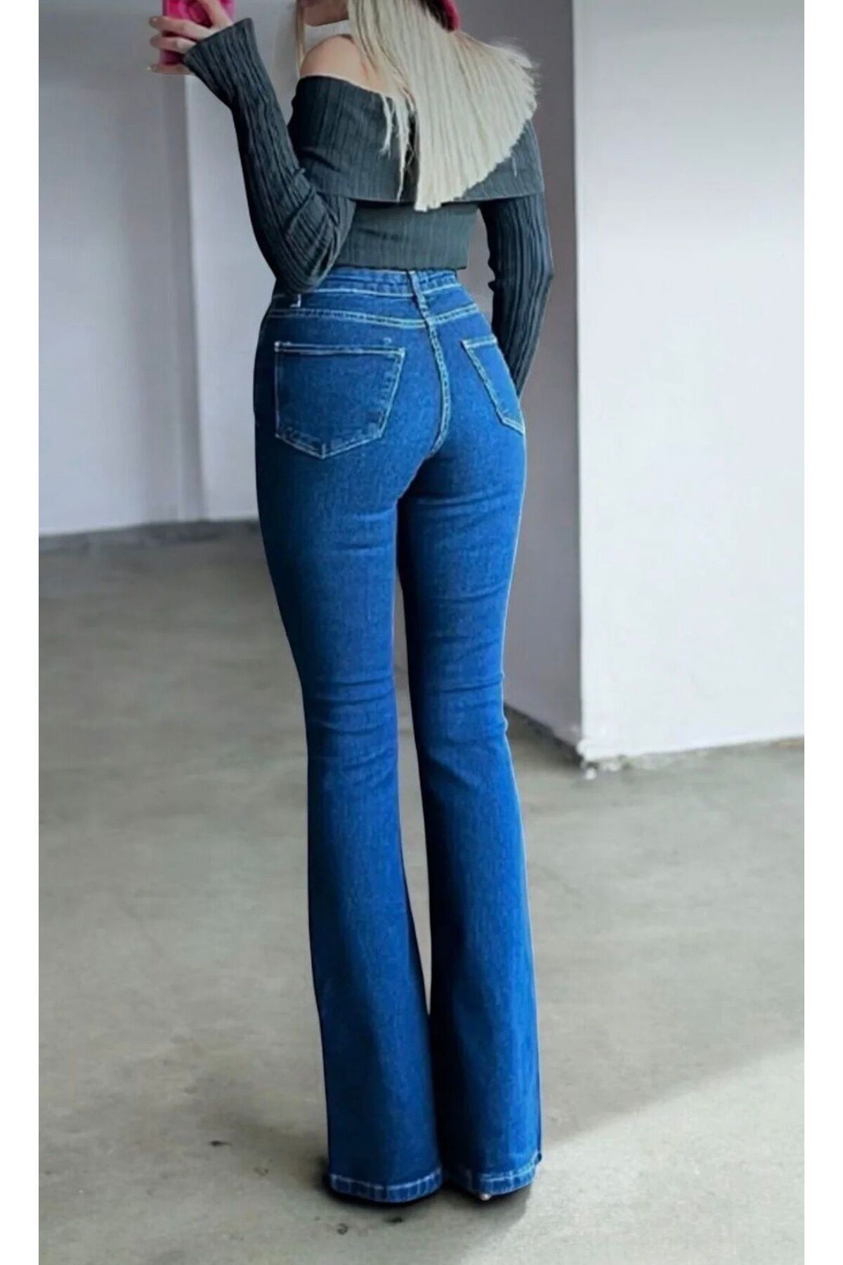 MRİABE  KoyuMavi Yüksekbel Flare Jeans (LİKRALI) - Görsel 3