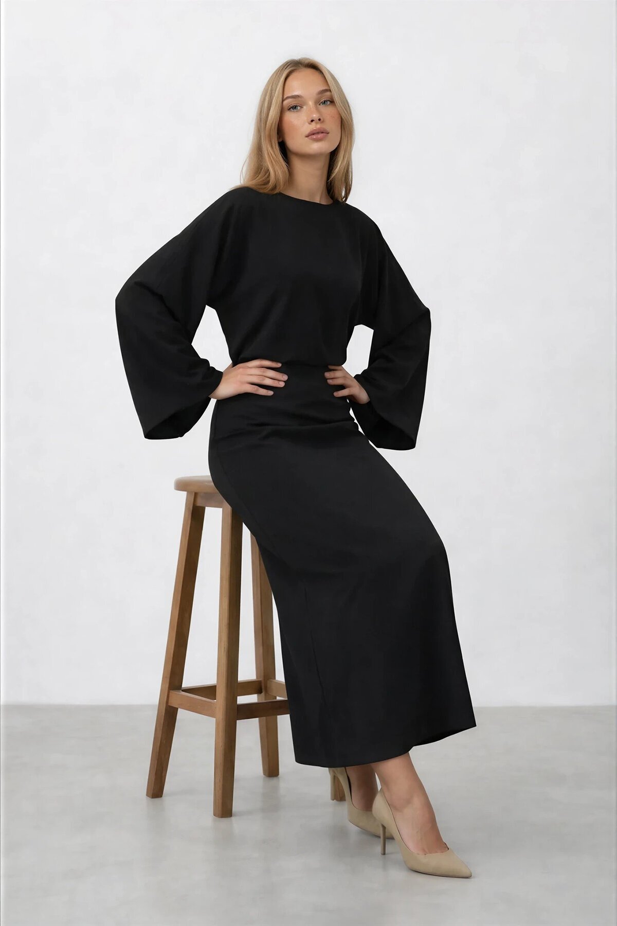 VAGGON  Salaş Kesim Yarasa Kol Uzun Elbise - Görsel 3