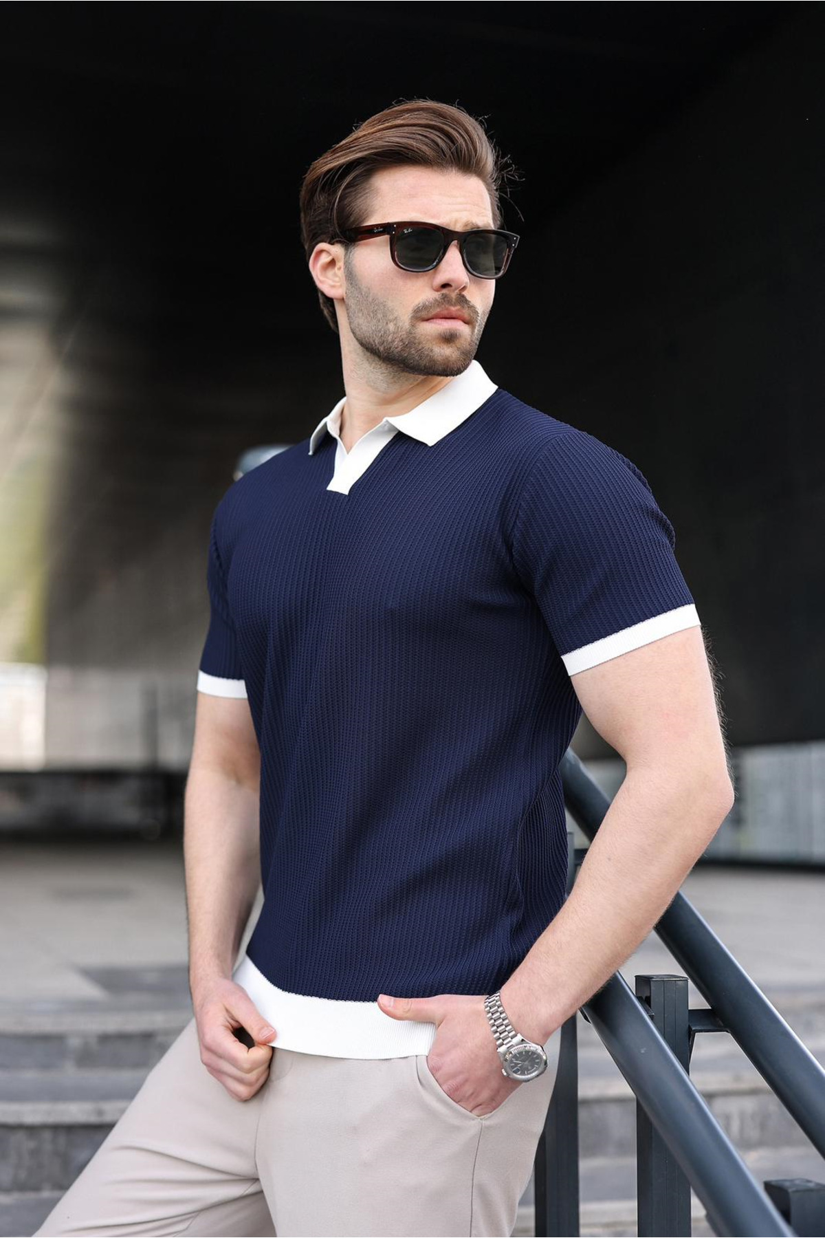 Navy Blue Polo Neck Knitwear Men's T-Shirt E7464