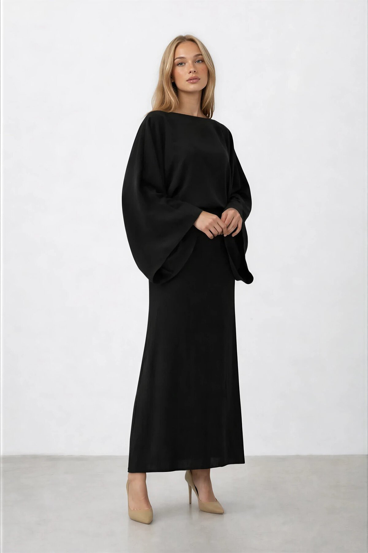 VAGGON  Salaş Kesim Yarasa Kol Uzun Elbise - Görsel 2