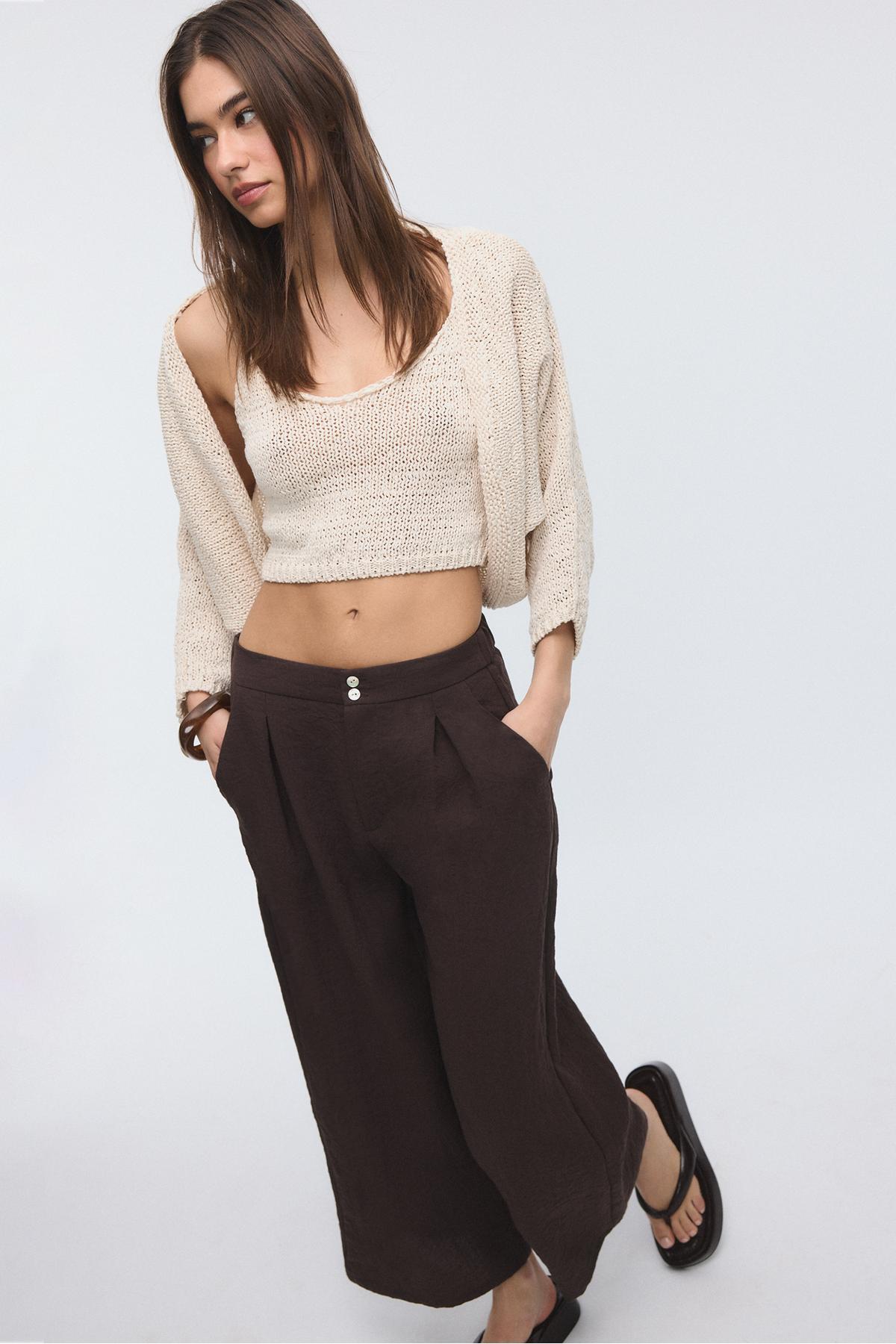 Stradivarius  Keten karışımlı culotte pantolon - Görsel 2