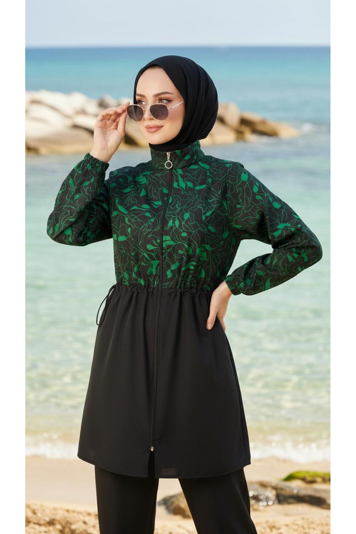 Full Closed Pattern Hijab Modest Swimsuit 3-Piece Set Parachute Fabric