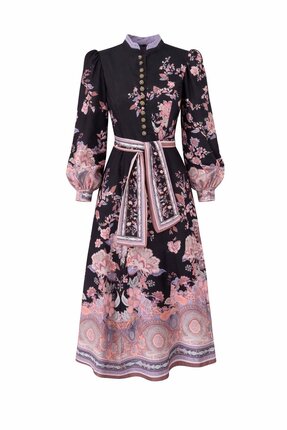 HAZELANNA Hakim Yaka Kuşaklı Floral Elbise