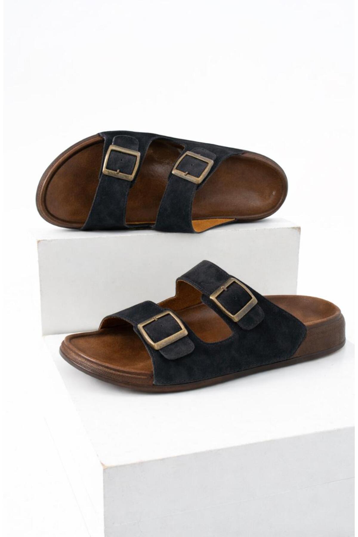 ADIMİST Unisex (Kadın- Erkek) Ortopedik Günlük Yumuşak Kaymaz Taban Deri Tokalı Ev Dışarı Terlik