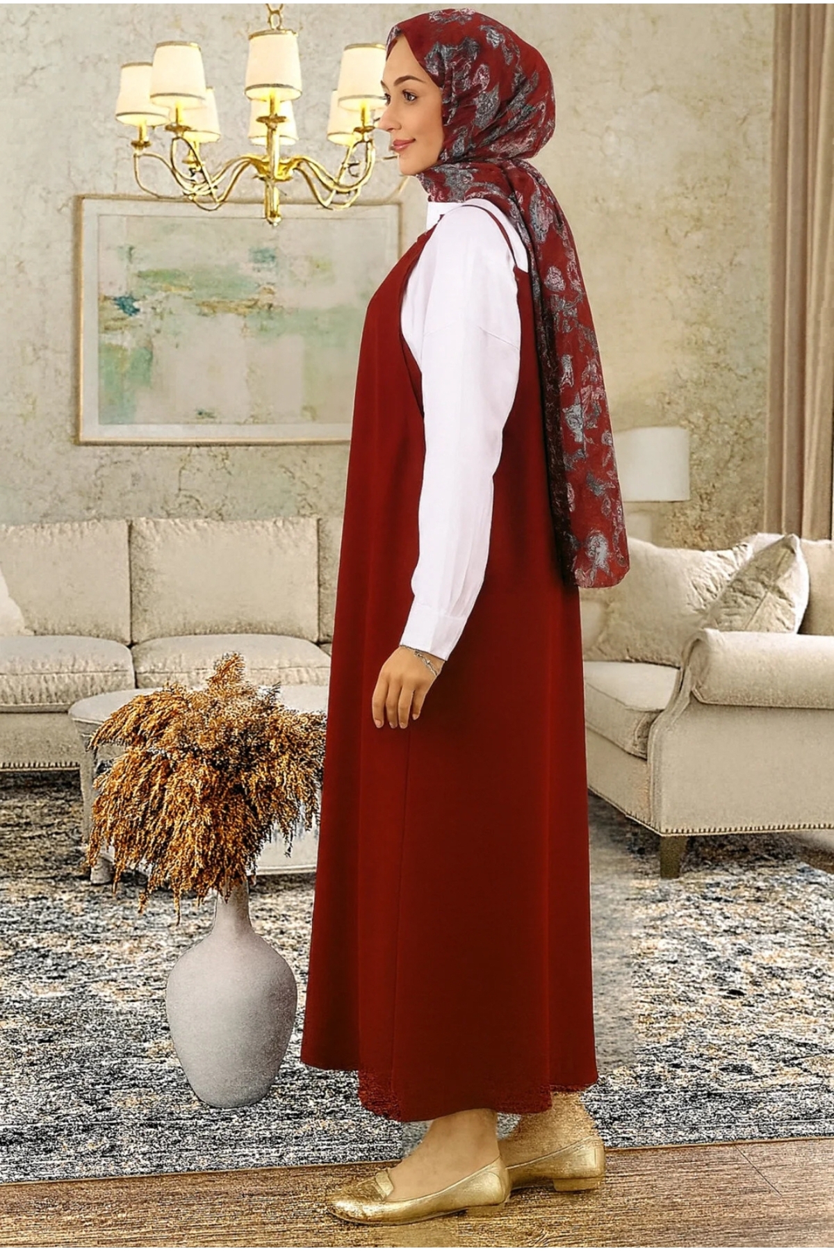 SafaButik  Kadın Bordo Ayarlanabilir İp Askılı Jile Elbise - Görsel 3