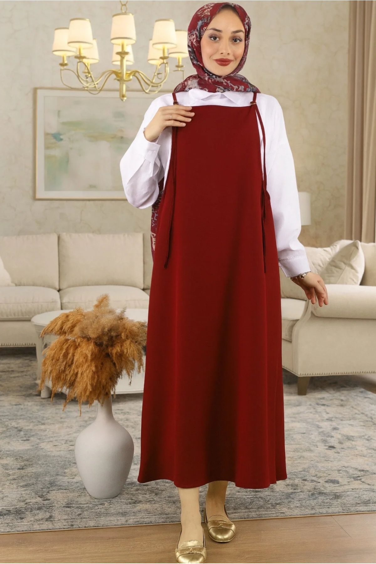 SafaButik  Kadın Bordo Ayarlanabilir İp Askılı Jile Elbise