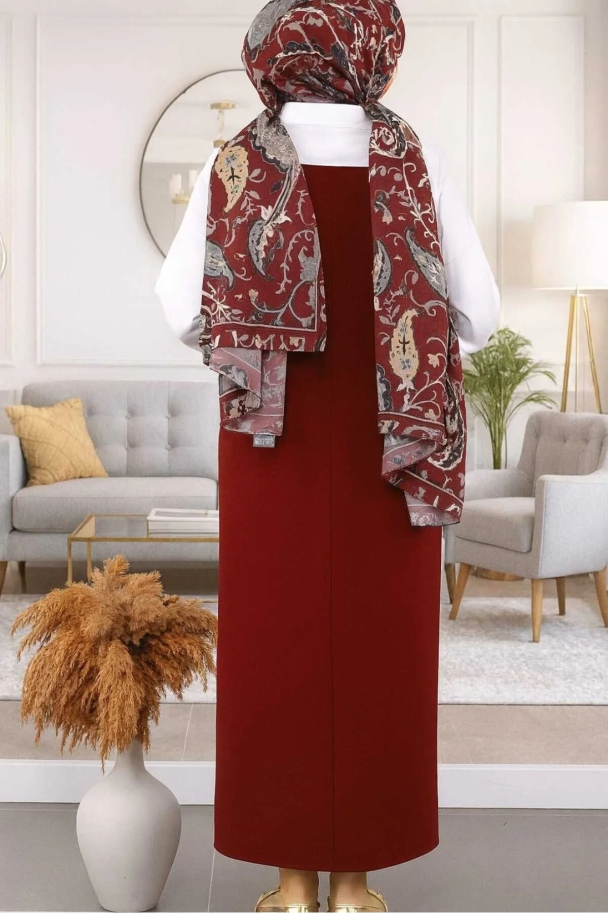 SafaButik  Kadın Bordo Ayarlanabilir İp Askılı Jile Elbise - Görsel 2