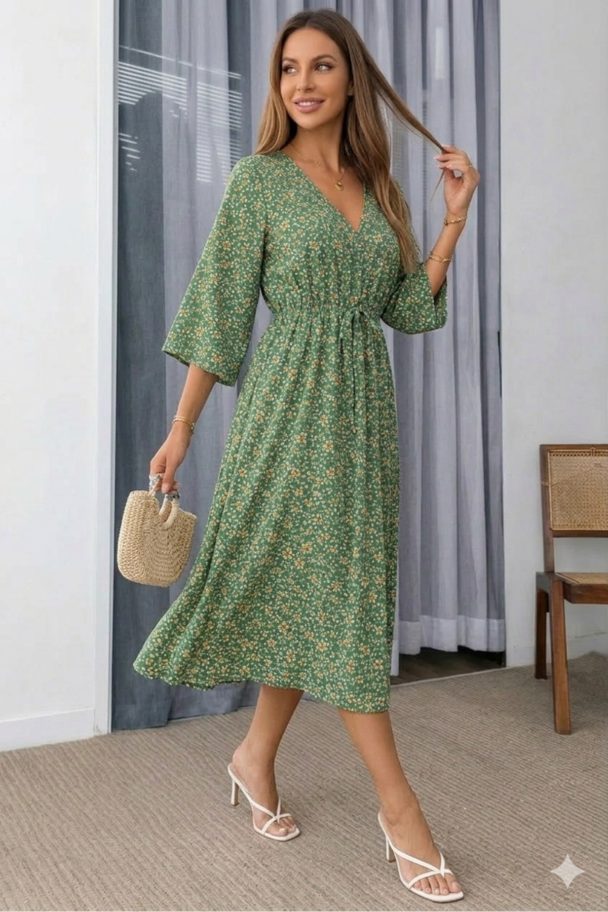 sharin  Kadın Yeşil Desenli Yazlık V Yaka Kısa Kol Beli Lastikli Diz Altı Elbise 10C-2375 - Görsel 3