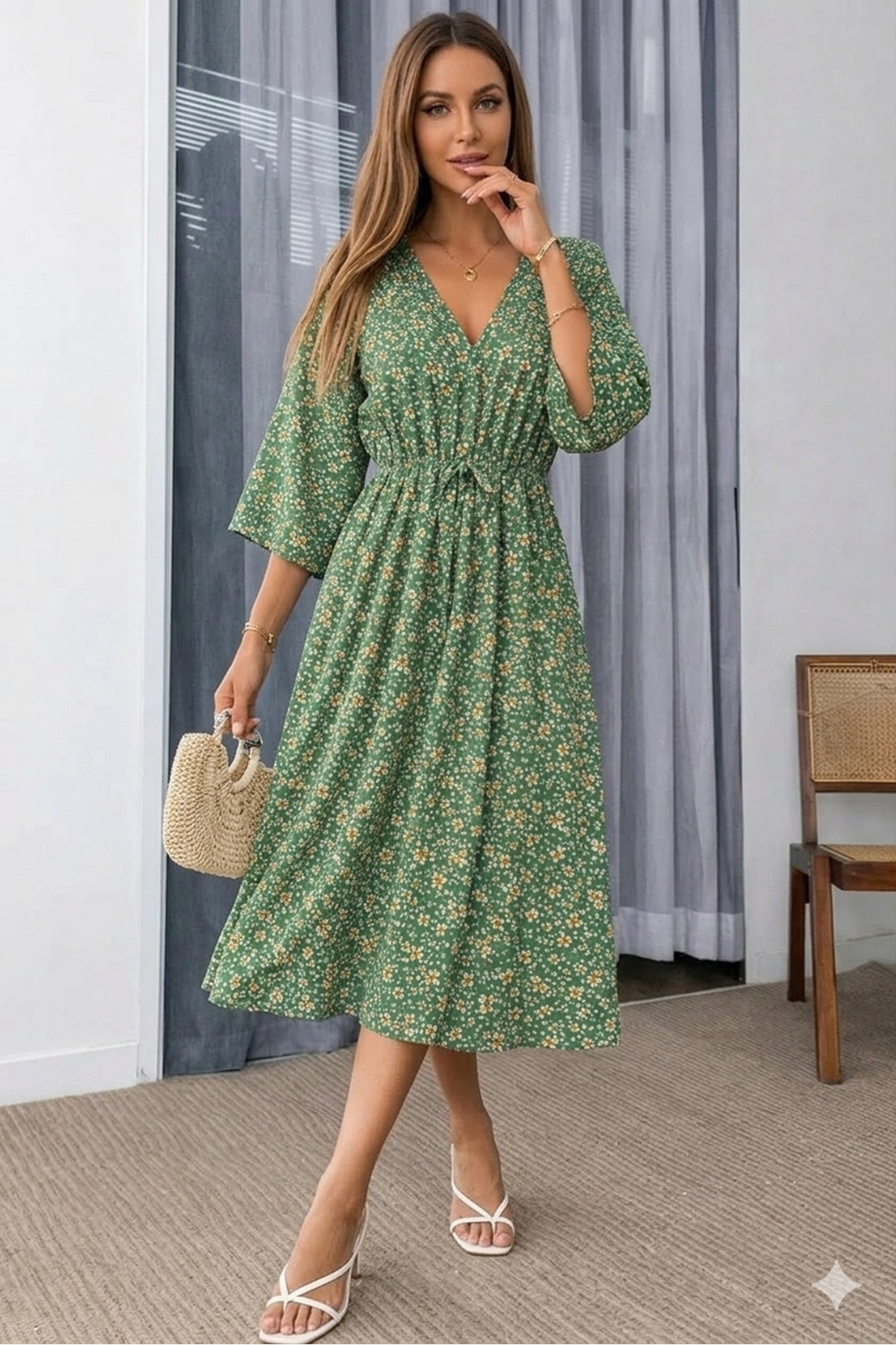 sharin  Kadın Yeşil Desenli Yazlık V Yaka Kısa Kol Beli Lastikli Diz Altı Elbise 10C-2375 - Görsel 2