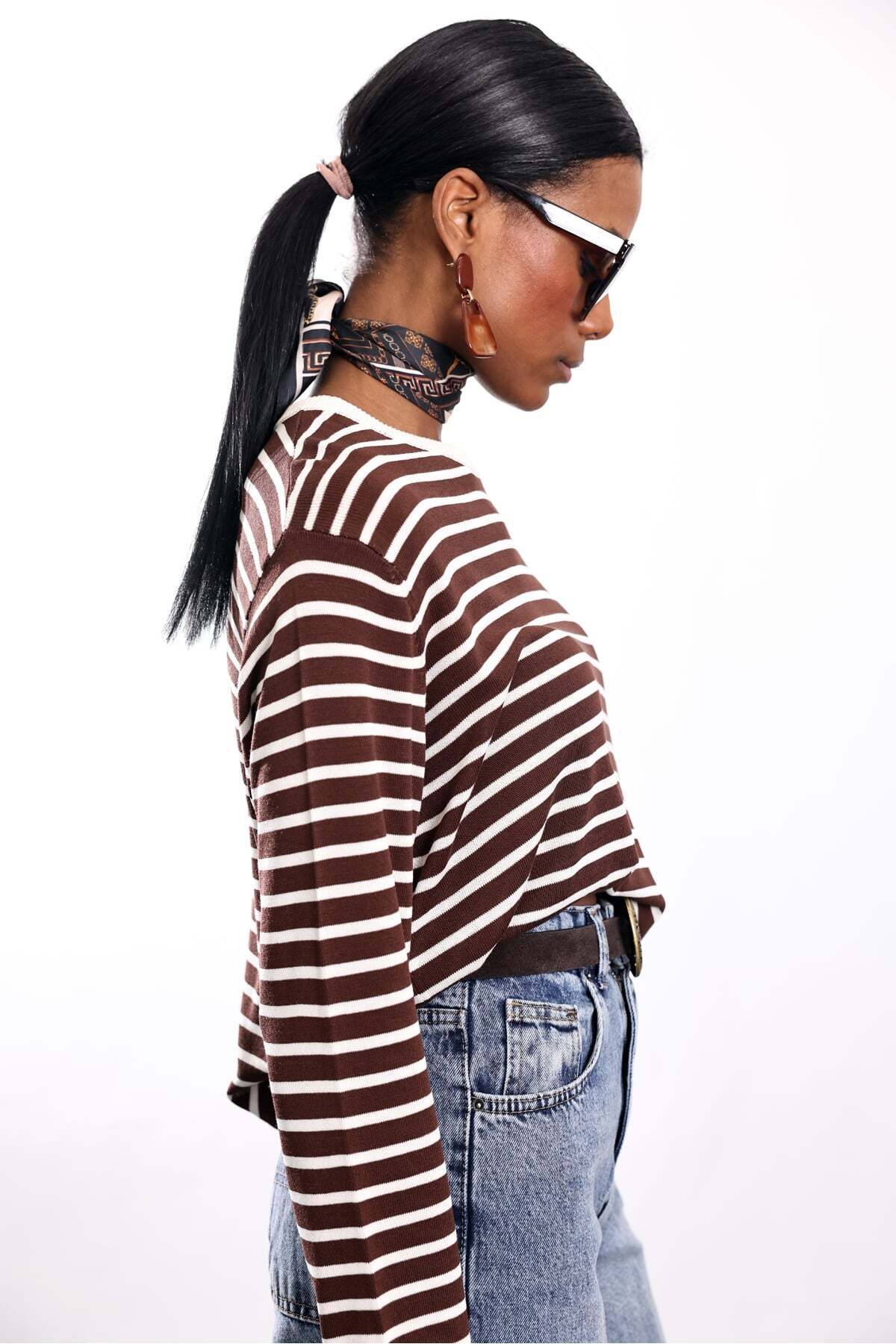 5in1Canpolat  Kahverengi Çizgili Merserize Kazak 261029 - Görsel 5