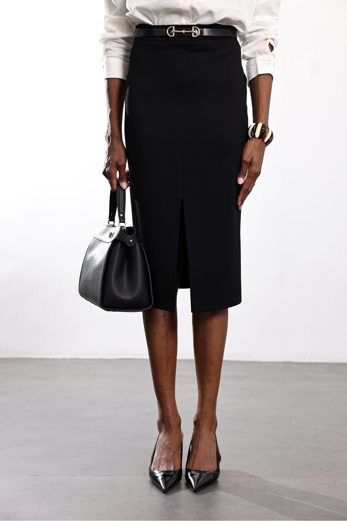 5in1Canpolat  Siyah Likralı Midi Boy Etek 5015 - Görsel 4