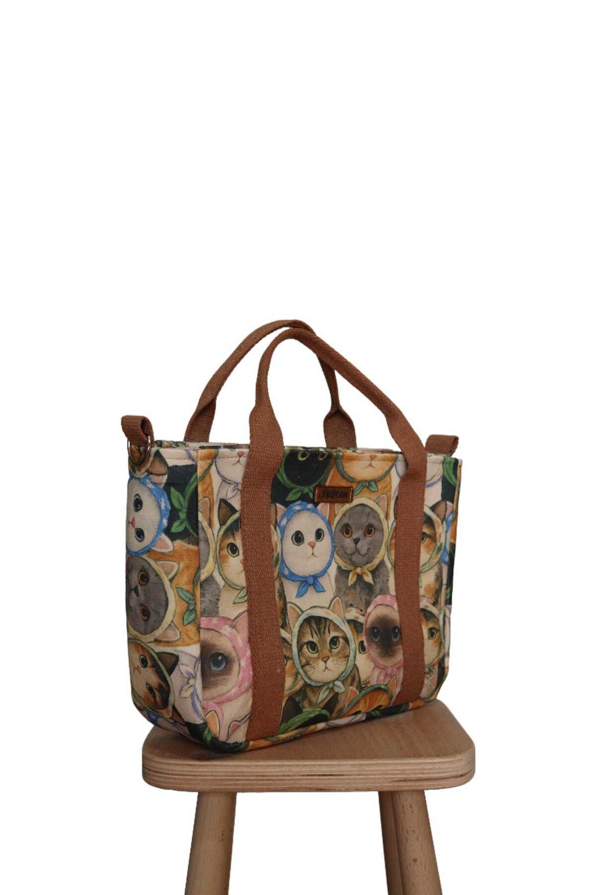 BUSRAKAZANCDESİGN Kedi Desenli Tote Bag El Ve Omuz Çantası görsel 2