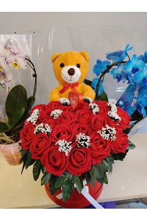 Masalbitki Silindir Kutuda Kırmızı Gül ve 25 cm Ayıcıklı Şık Hediye Kutusu