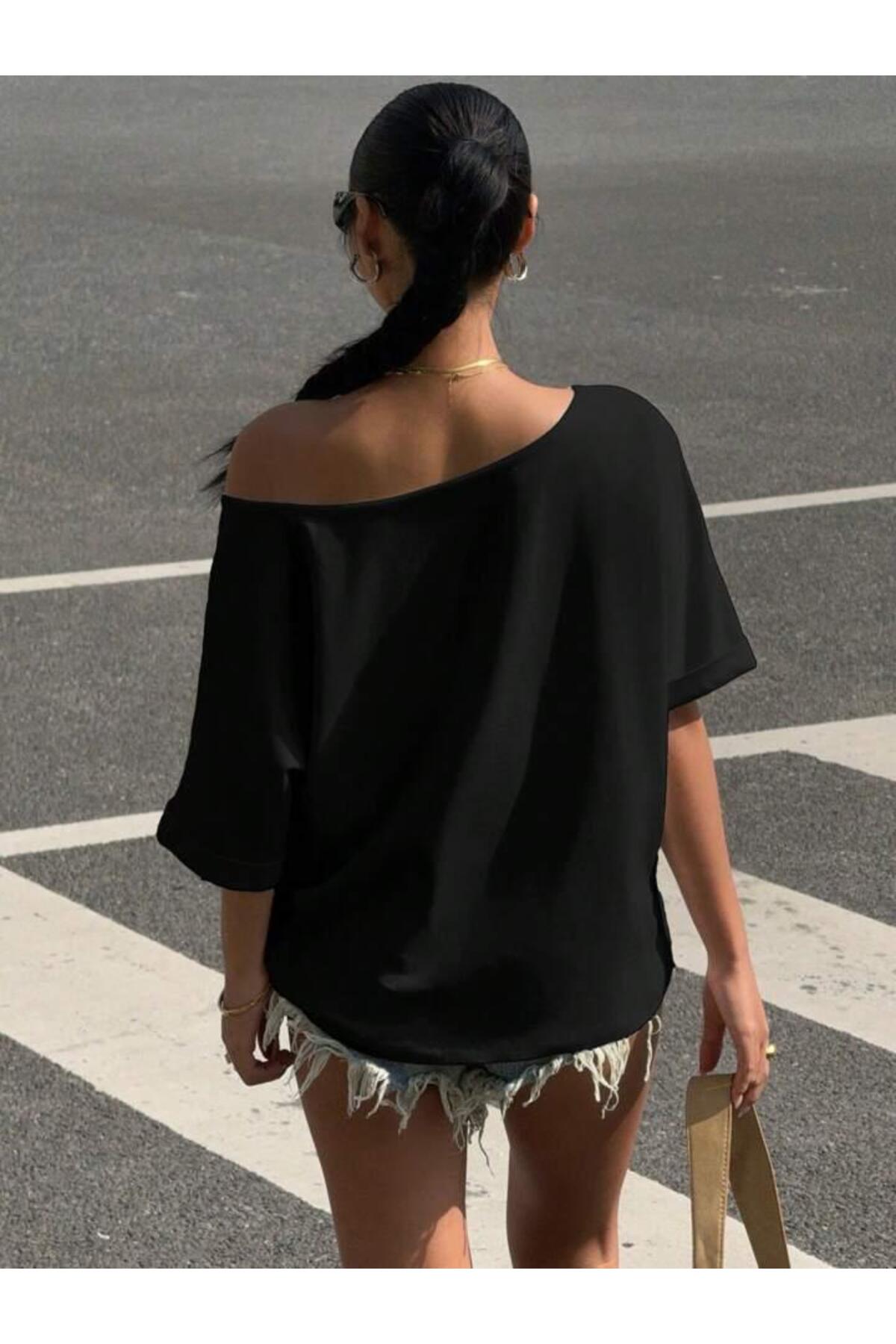 peri tower  Kadın Tek Omuz Düşük Omuz Salaş Pamuklu Yumuşak Dokulu Basic Bluz Yazlık Şık Bluz 0081 - Görsel 3