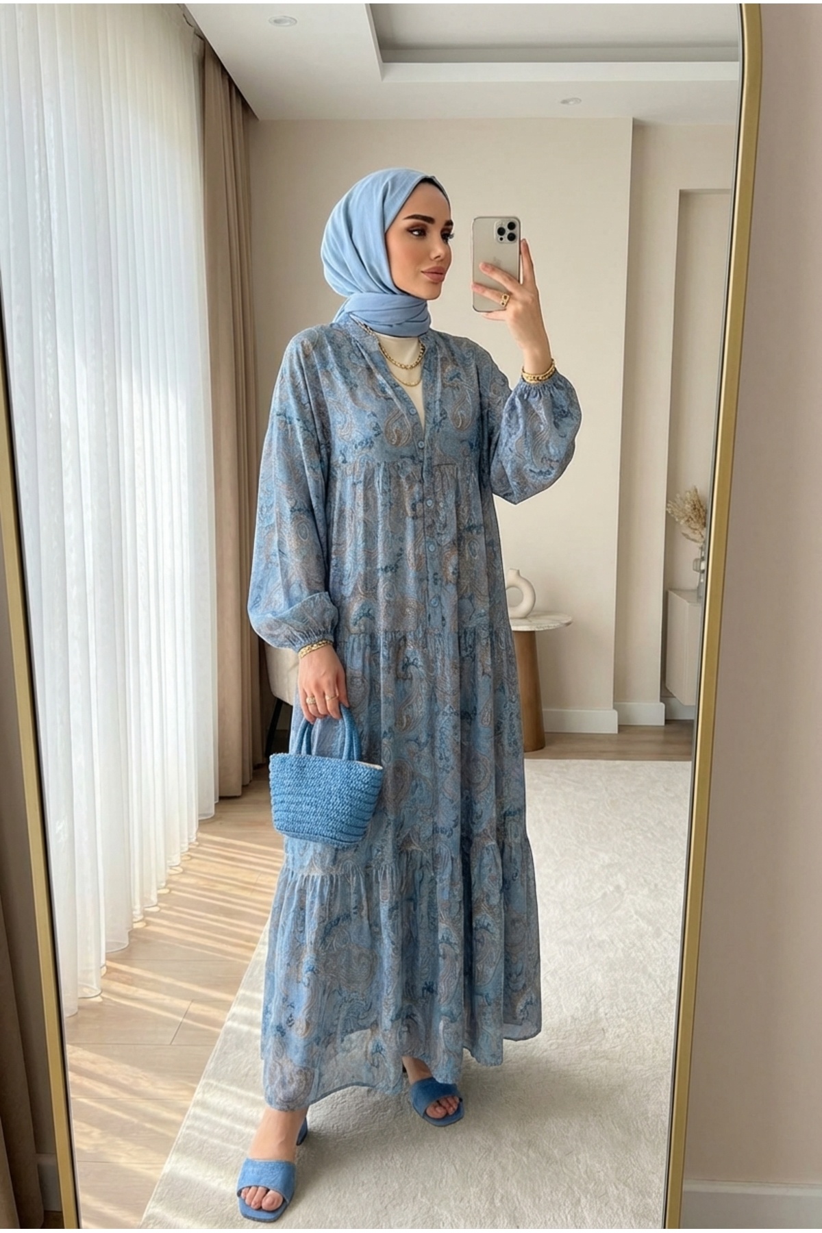 Kirazca Butik  Kadın Desenli Kat Kat Tesettür Elbise (ASTARSIZDIR) - Görsel 2