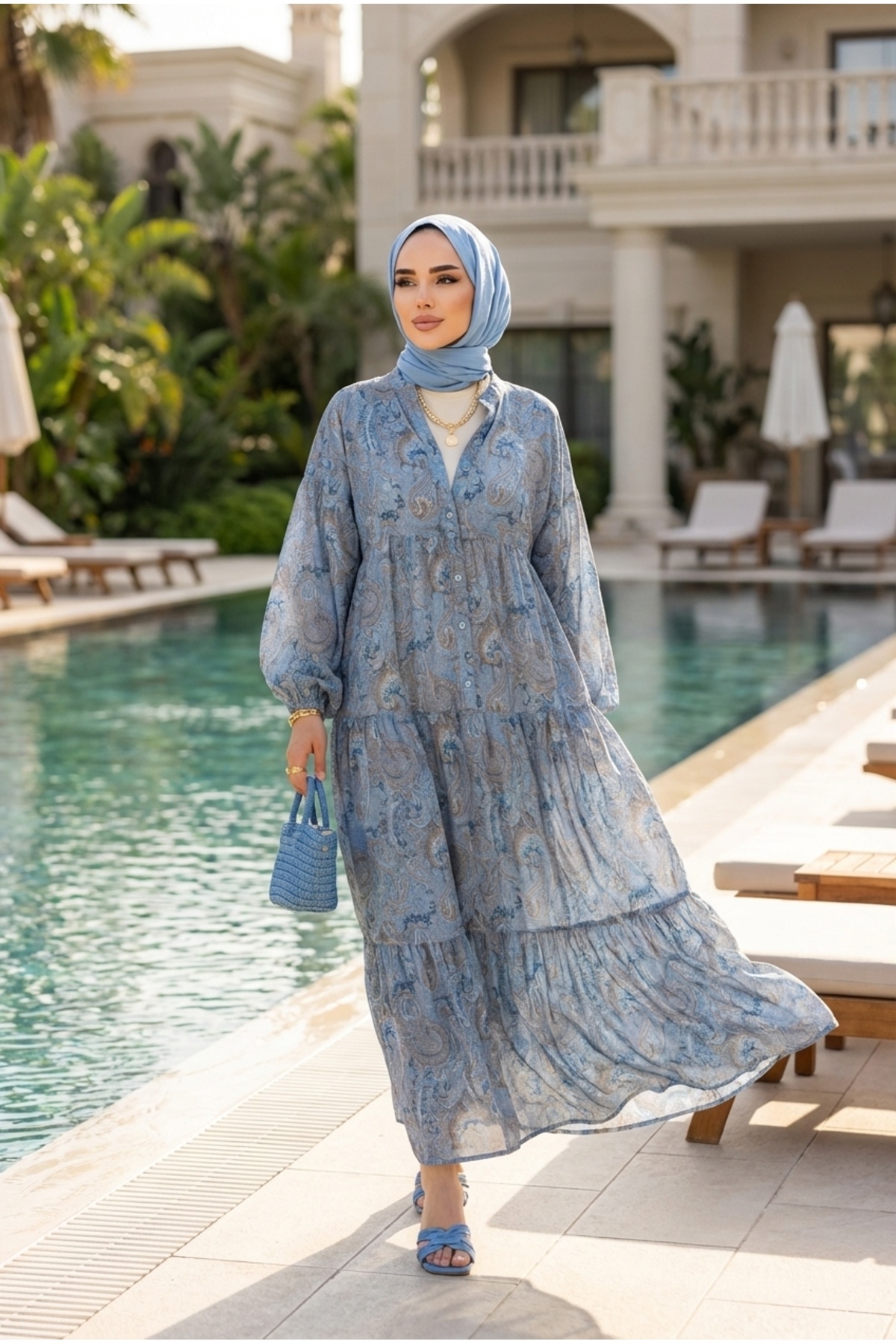 Kirazca Butik  Kadın Desenli Kat Kat Tesettür Elbise (ASTARSIZDIR) - Görsel 5