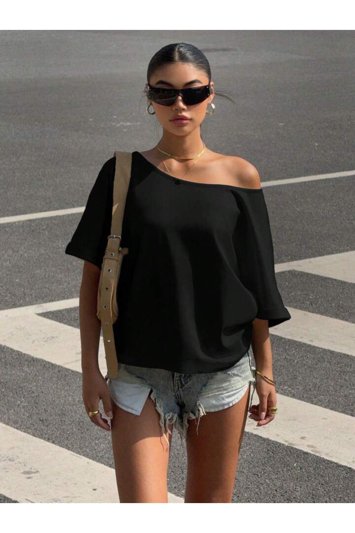 peri tower  Kadın Tek Omuz Düşük Omuz Salaş Pamuklu Yumuşak Dokulu Basic Bluz Yazlık Şık Bluz 0081