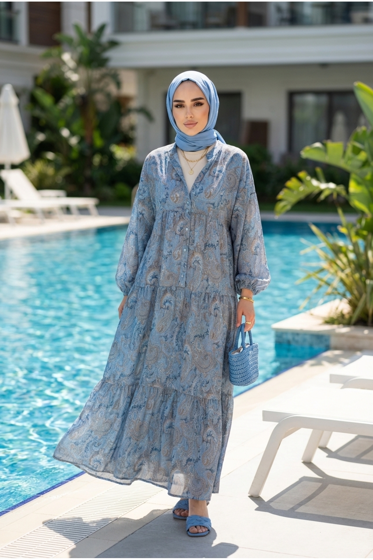 Kirazca Butik  Kadın Desenli Kat Kat Tesettür Elbise (ASTARSIZDIR) - Görsel 6