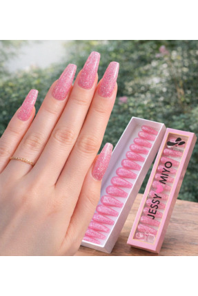 ELSE KOZMETİK TR Jessy Miyo Pembe Glitter Jelly Uzun Coffin Takma Tırnak Seti...