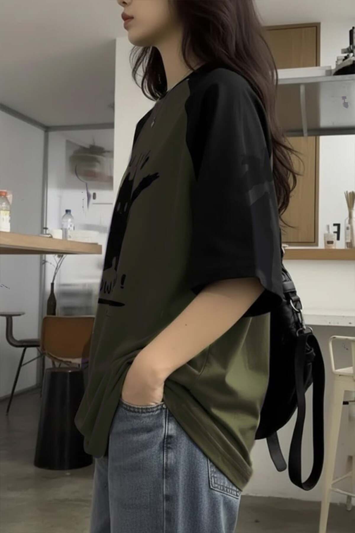 Köstebek  Siyah Raglan Yeşil Wow! Wow! Cat Y2K Unisex T-Shirt - Görsel 3