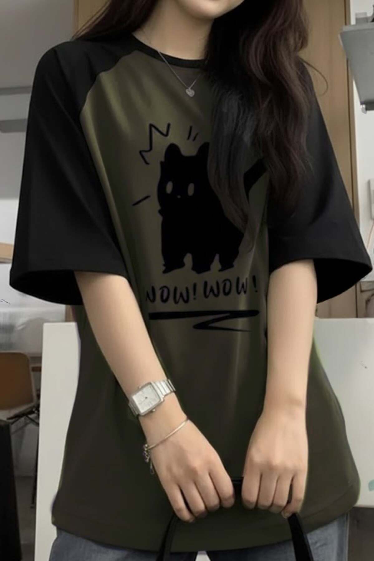 Köstebek  Siyah Raglan Yeşil Wow! Wow! Cat Y2K Unisex T-Shirt - Görsel 2