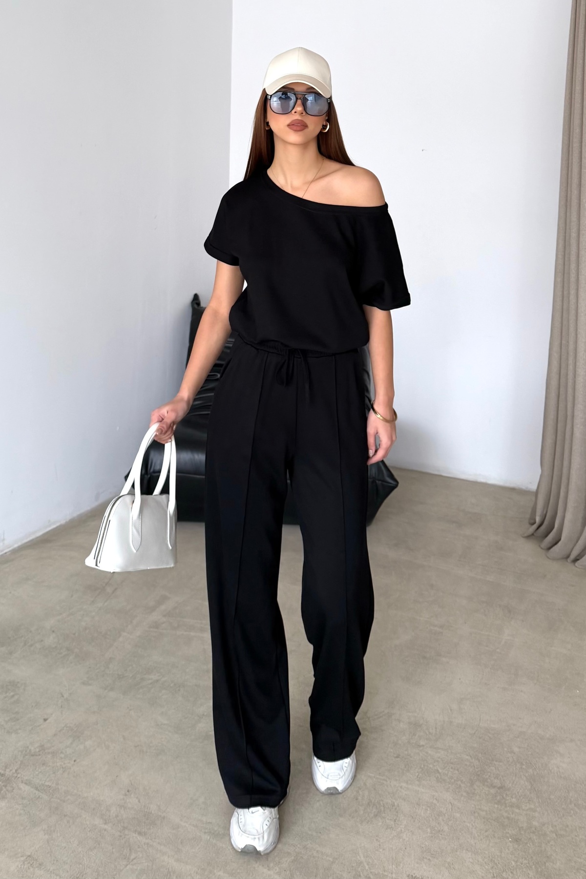Women's Soft Modal Textured Low Shoulder Bottom Top Set