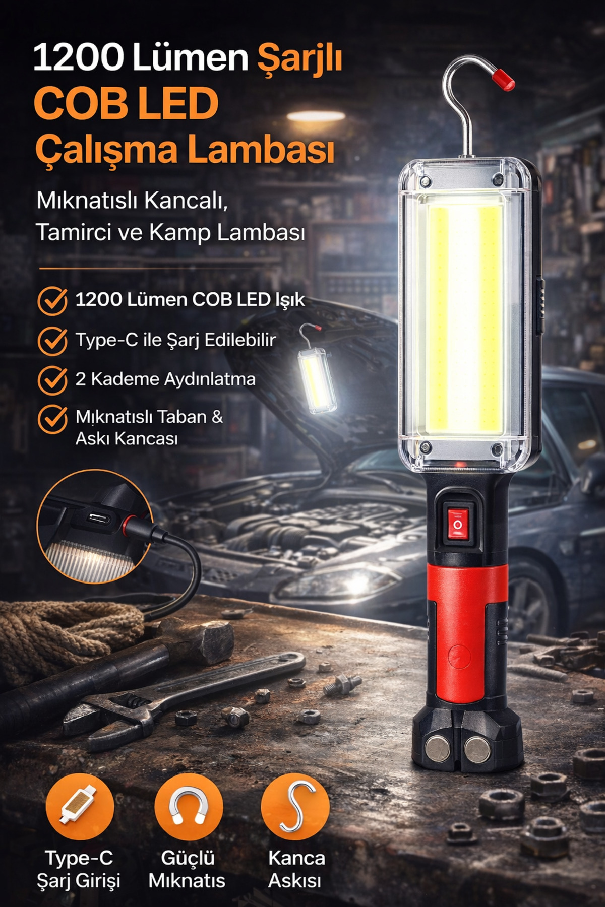 TAREZ 1200 Lümen Şarjlı COB LED Çalışma Lambası Mıknatıslı Kancalı