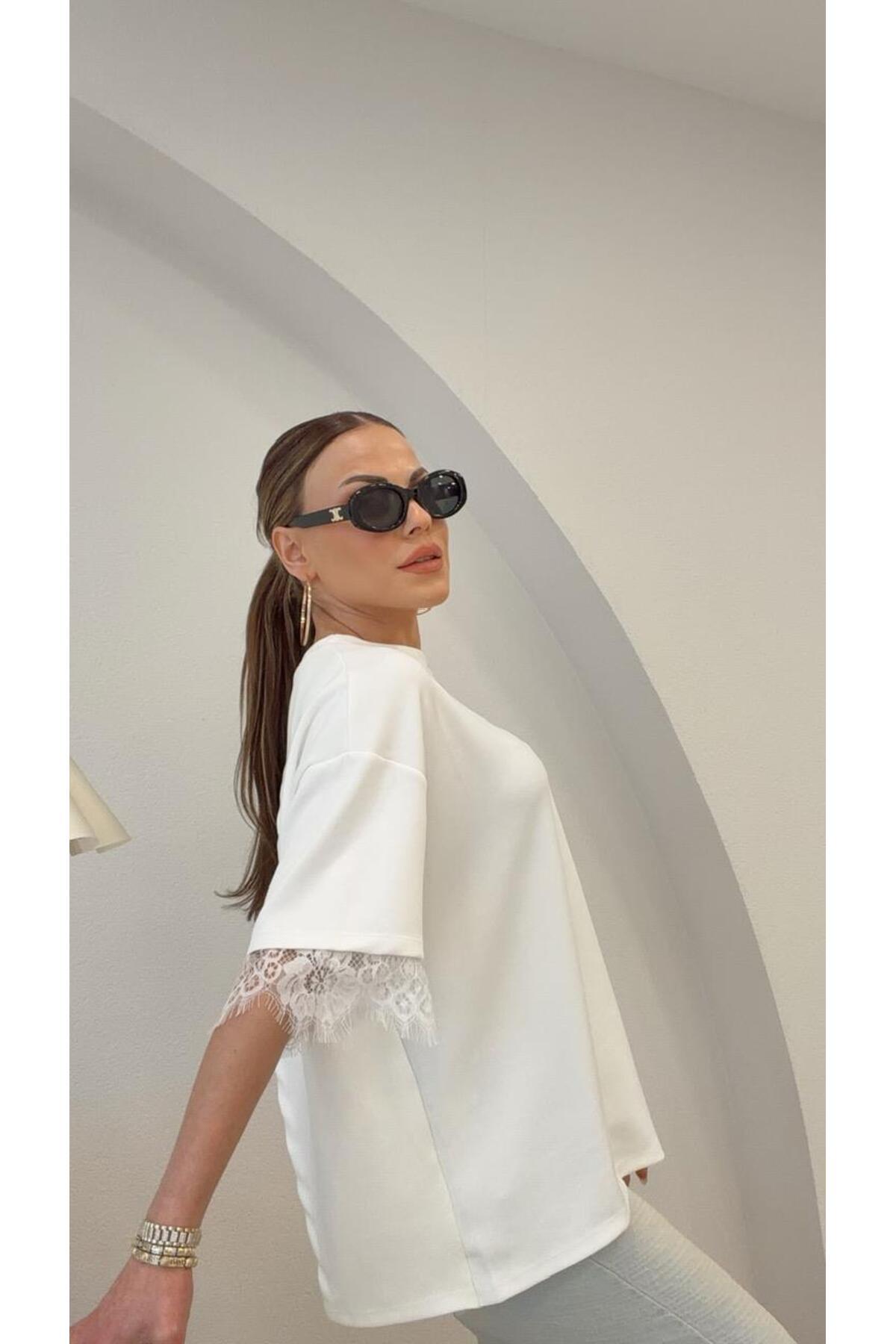 Şulenin Butiği  SIRT DANTEL DETAYLI MODAL BLUZ BEYAZ - Görsel 8