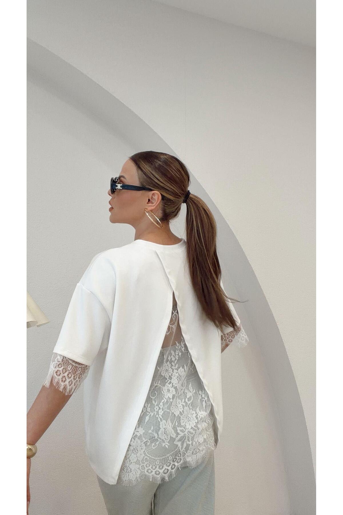 Şulenin Butiği  SIRT DANTEL DETAYLI MODAL BLUZ BEYAZ