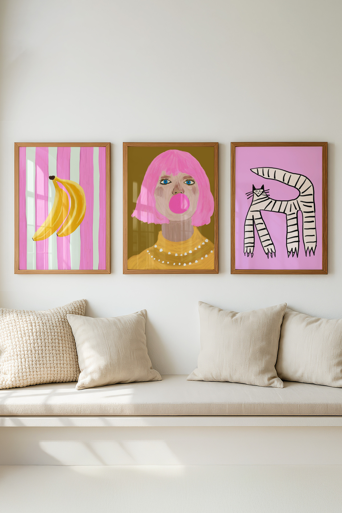 3’lü Modern Tablo Seti Kadın Portre Kedi ve Muz İllüstrasyon Poster Salon Duvar Dekoru Çerçevesiz