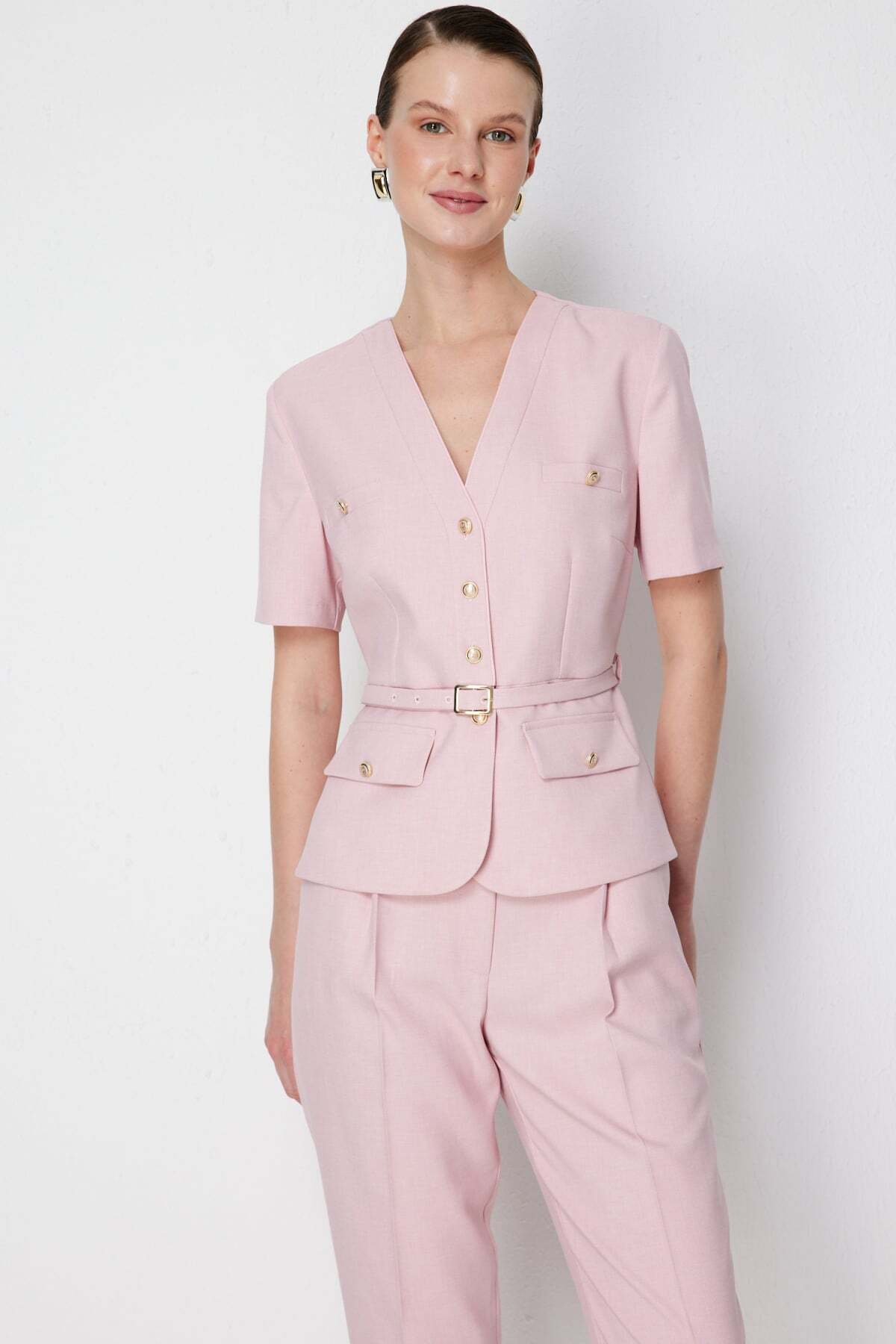 Belted Waist Short Sleeve Jacket