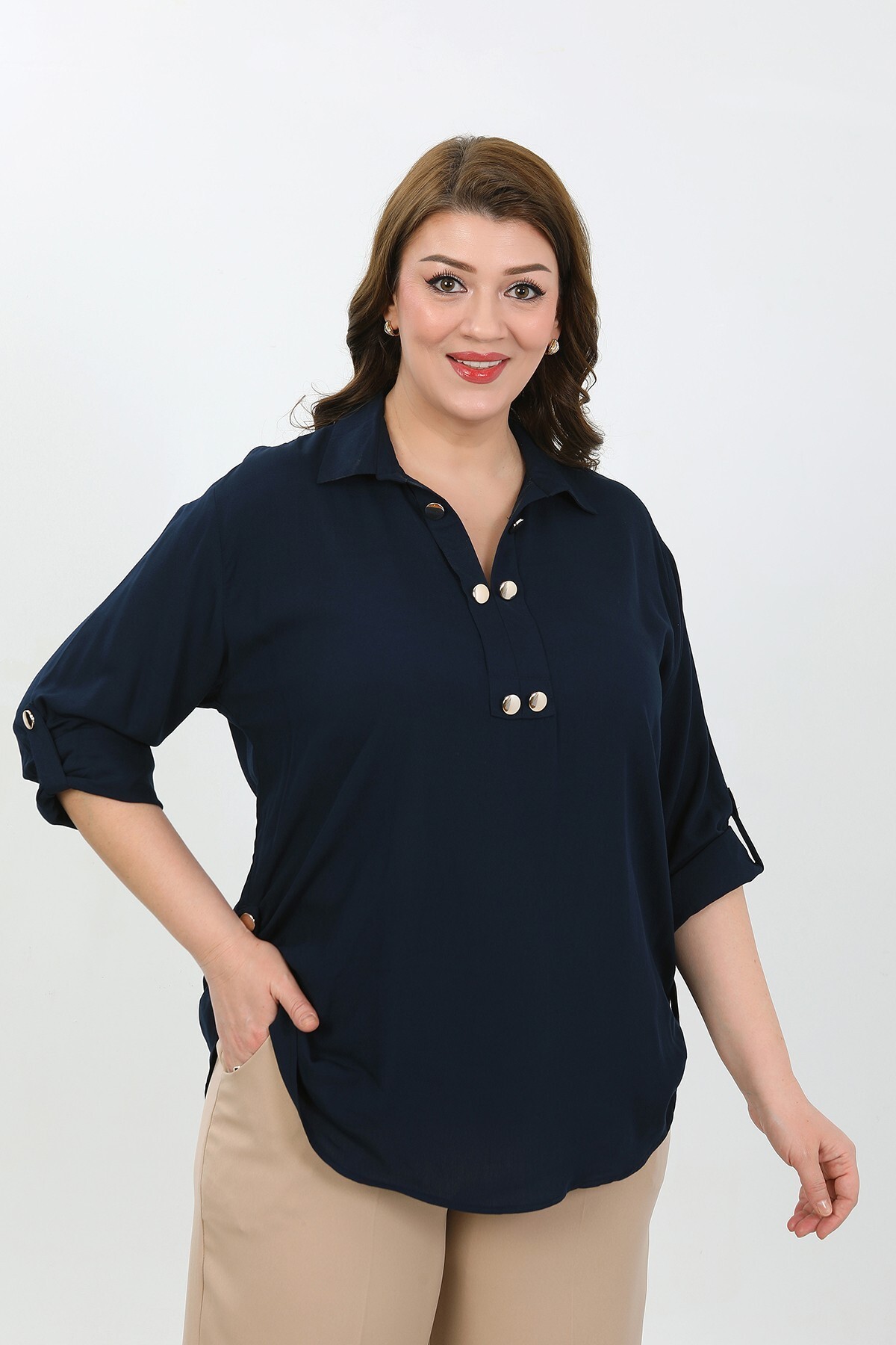 By Alba Collection KADIN LACİVERT DÜĞME DETAY BÜYÜK BEDEN VİSKON GÖMLEK