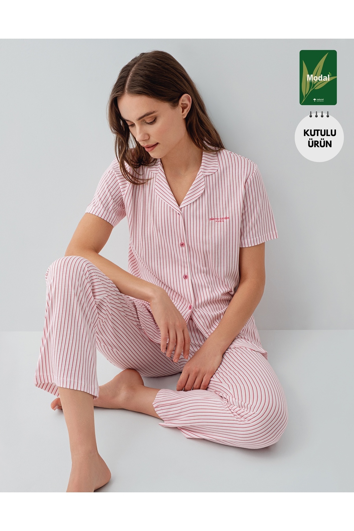 Pierre Cardin Premium Basic Modal Cotton Pcs Short Sleeve Women's Shirt Pajama Set Striped