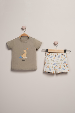 Baby Fou Erkek Bebek Dinozor Baskılı Tişört Şort 2'li Takım