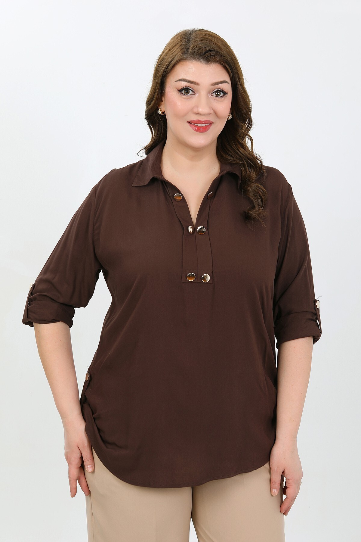 By Alba Collection  KADIN KAHVERENGİ DÜĞME DETAY BÜYÜK BEDEN VİSKON GÖMLEK